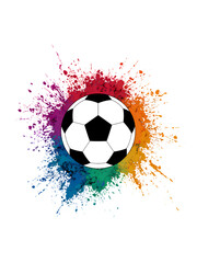 A vibrant soccer ball is centrally positioned against a dynamic backdrop of colorful, abstract paint splatters