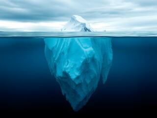 Obraz premium Iceberg in the ocean with a view under water. Crystal clear water. Hidden Danger And Global Warming Concept.