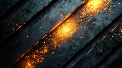 Abstract Diagonal metal bars with bright, sparkling orange light between them