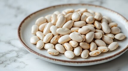 Dried white beans presented in a circular pattern on a clean white plate