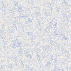 A Half Drop Elegant seamless floral pattern with intricate blue line art on a cream background. Features varied blooms and flowing leaves. Ideal for textile design, wallpaper, or wedding decor.