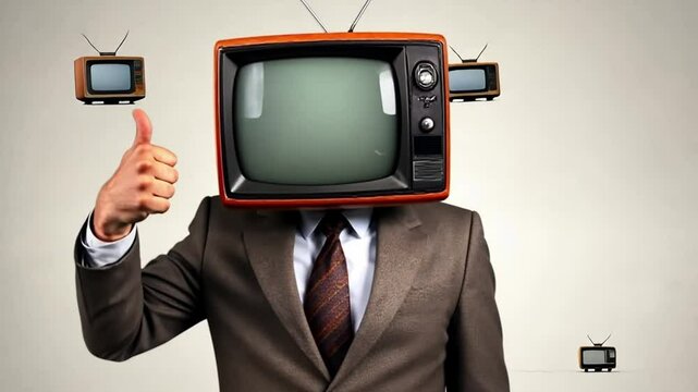 Figure with Retro TV as Head, Business Suit, Playful Mood, Neutral Background