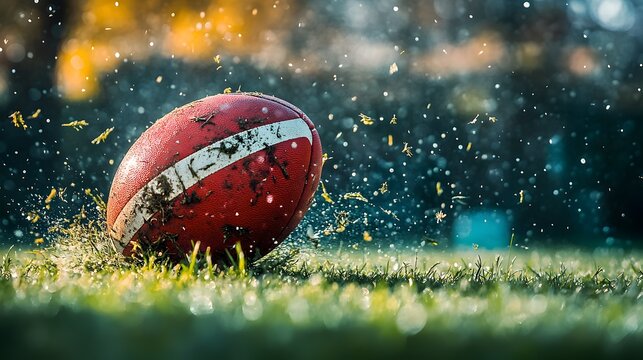 Rugby Ball with Fiery Effect on Dark Background for Sports Art and Dramatic Visual Effects in Photography