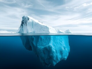 Iceberg in the ocean with a view under water. Crystal clear water. Hidden Danger And Global Warming Concept.