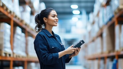 South Asian woman inspecting inventory in a warehouse during daytime