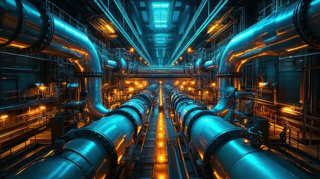 Large industrial pipes illuminated with blue and orange lighting fixtures