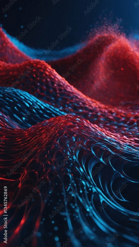 Poster abstract digital wave background with glowing particles in red and blue