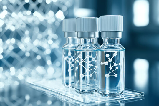 Smart nanotech-infused skincare vials resting on a sleek transparent platform, glowing molecular breakdowns dynamically shifting in a high-end biotechnology beauty lab