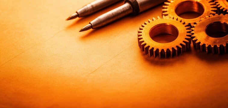 Steampunk-inspired mechanical workshop, gears and cogs laid out on parchment blueprints, antique drafting tools, warm golden lighting, intricate craftsmanship