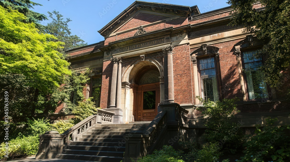 Poster red brick building with classical architecture and lush greenery