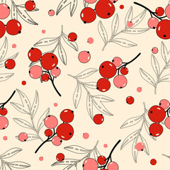 Red currants seamless vector pattern drawn in sketch style