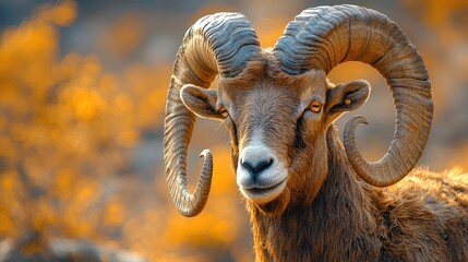 Majestic ram stares, autumnal mountain habitat