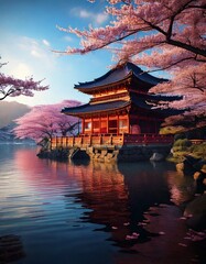 Naklejka premium A traditional Japanese pagoda with red accents stands on a small island in a calm lake, surrounded by blooming cherry blossom trees under a bright blue sky.