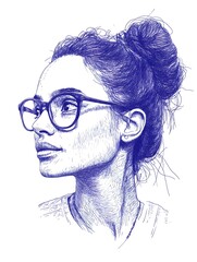 A detailed portrait drawing in blue ballpoint pen of a thoughtful confident woman with glasses and an elegant updo hairstyle