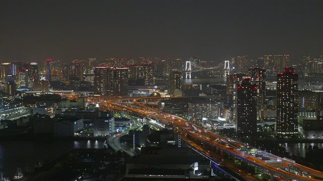 urban, nightscape, bayside, building, highway, bridge, car, lighting