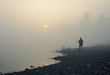 Early morning fishing at a foggy lake nature scene serene environment tranquil viewpoint reflection concept