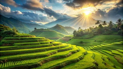 Fototapeta premium Sunlit Lush Green Rice Terraces: Agricultural Harmony with Nature