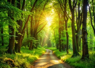 Obraz premium Sunlit Forest Path: Deep Depth of Field Woods Stock Photo