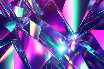 A radiant, colorful abstract background with holographic geometric shapes. The glowing, reflective prisms in neon magenta, electric green, and shimmering silver create a futuristic, sci-fi, and