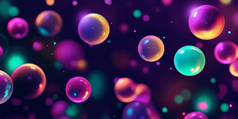 A futuristic, colorful abstract background with floating orbs of plasma energy. The glowing spheres in deep purple, neon green, and bright amber create a sci-fi, high-tech, and visually captivating