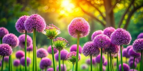 Obraz premium Surreal Allium Fistulosum in Vibrant Green Park - High-Resolution Stock Photo