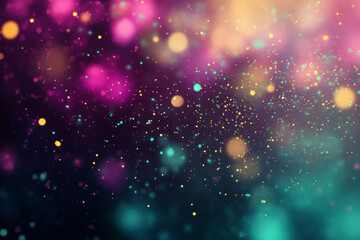 Obraz premium A bold, colorful abstract background with scattered, floating particles in vibrant neon hues. The weightless, glowing specks in bright jade, fiery magenta, and rich gold create a dynamic, celestial,