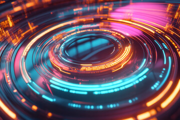 A futuristic, colorful abstract background featuring layered, overlapping neon circles. The glowing, concentric rings in bright turquoise, hot pink, and warm amber create a sci-fi, modern, and