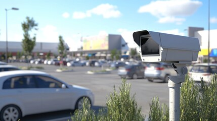 Security Camera Monitoring a Busy Shopping Center Parking Lot on a Sunny Day