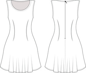 sleeveless round neck princess darted tailored zippered fit and flared mini short a line dress template technical drawing flat sketch cad mockup fashion woman design style model 
