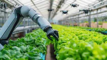 Robotic arm and drones in a futuristic greenhouse.