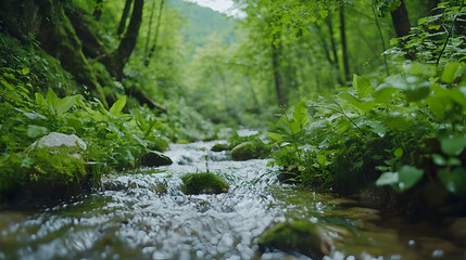 Obraz premium Serene Forest Stream Flowing Through Lush Green Vegetation Under Sunlight