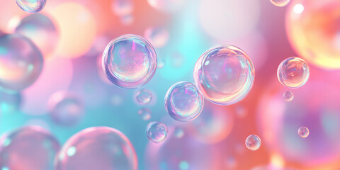 A dreamy, colorful abstract background with floating, glowing liquid bubbles. The softly illuminated spheres in pastel pink, warm amber, and sky blue create a surreal, futuristic, and visually