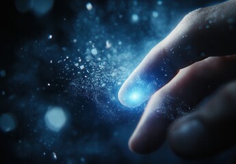 Fototapeta premium Fingers touch a luminous spark in a digital universe.
