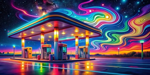 Surreal Cartoon Gasoline Station at Night, Whimsical Fuel Pump, Dreamlike Landscape