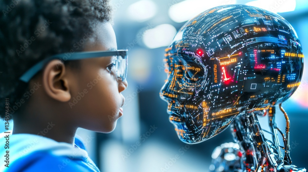 Poster child interacts with a futuristic robotic face in a high-tech environment