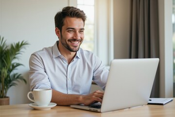 Smiling Young Adult Male Working Remotely on Laptop in Bright Home Office with Coffee Cup and Indoor Plants