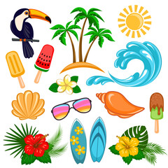 Set of tropical vacation decorative vector elements, palms, sea ​​shells, flowers, wave and more illustrations, isolated on white background
