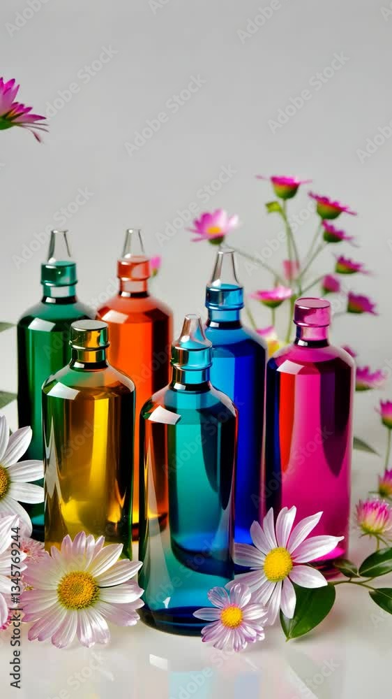 Poster A row of colorful bottles with a green bottle in the middle. The bottles are lined up next to a bunch of flowers
