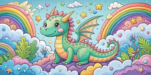 Obraz premium Surreal Cute Dragon Coloring Page: Whimsical Fantasy Art for Kids