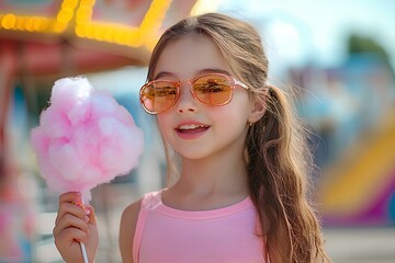 little girl with candy fluff. Generative AI