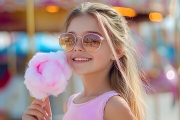 little girl with candy fluff. Generative AI