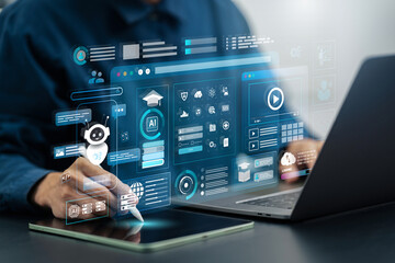 AI Artificial Intelligence and Education technology concept. A man use laptops, Learn lessons and online webinars successfully in modern digital learning, Courses to develop new skills. E-learning.
