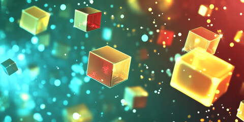 A futuristic, colorful abstract background featuring glowing, three-dimensional cubes. The floating geometric structures in vibrant turquoise, fiery red, and luminous yellow create a sci-fi, modern,