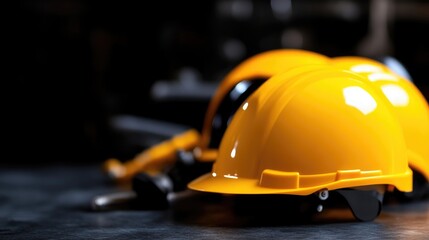 Bright yellow safety helmets on a dark surface, possibly in a workshop or construction site