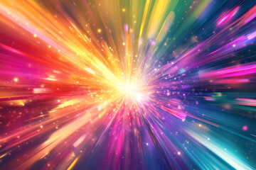 Fototapeta premium A radiant, colorful abstract background resembling a digital explosion. Glowing shards of rainbow-colored light burst outward in every direction, creating an intense visual display of energy and