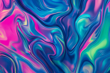 Obraz premium A mesmerizing, colorful abstract background with iridescent oil slick patterns. The swirling, fluid shapes in electric blue, neon green, and deep magenta create a hypnotic, dreamlike, and visually
