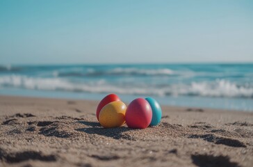 Obraz premium Colorful Easter Eggs Arranged on a Sandy Beach with Gentle Ocean Waves in the Background Under Clear Blue Sky