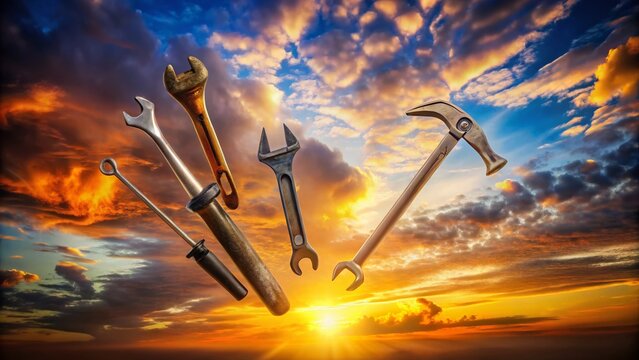 Surreal Handyman Logo Design: Tools Floating in Vibrant Sky