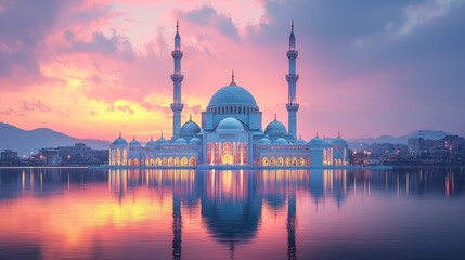 Obraz premium Sunset reflection of majestic mosque by lake