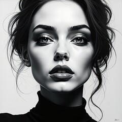 Monochromatic Digital Wall Art: Striking Woman Against White Background. A black and white portrait of a woman with dark hair.